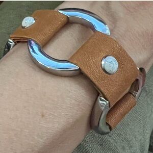Carmel Leather and Silver Buckle Bracelet w/ White Turquoise Studs